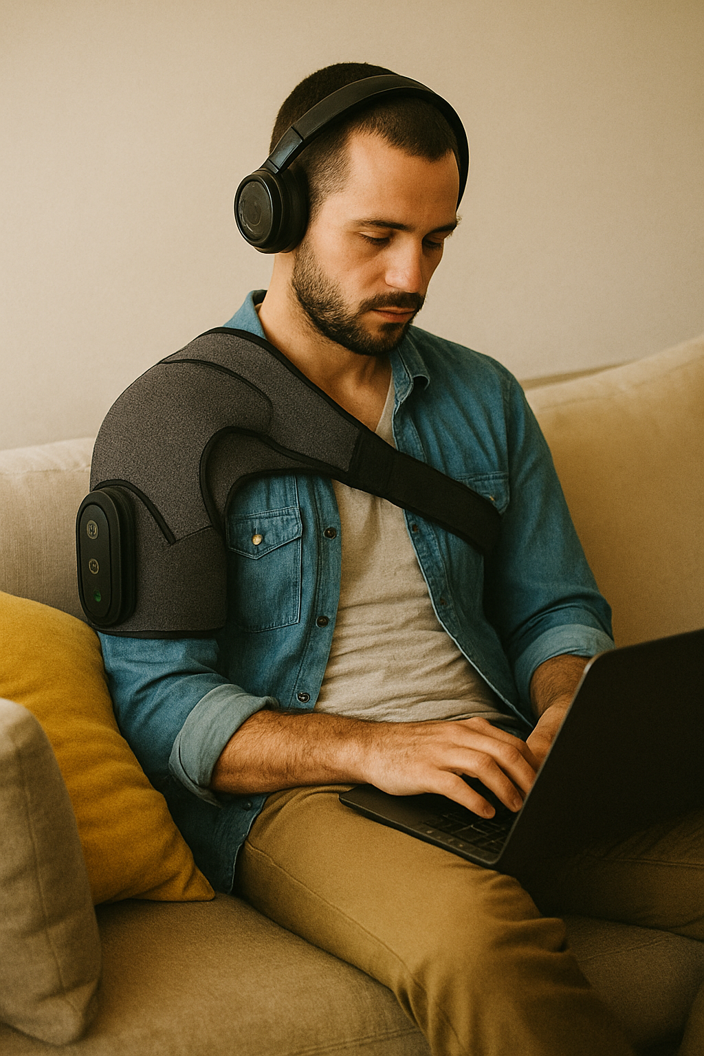 Shoulder massager with a strap on.